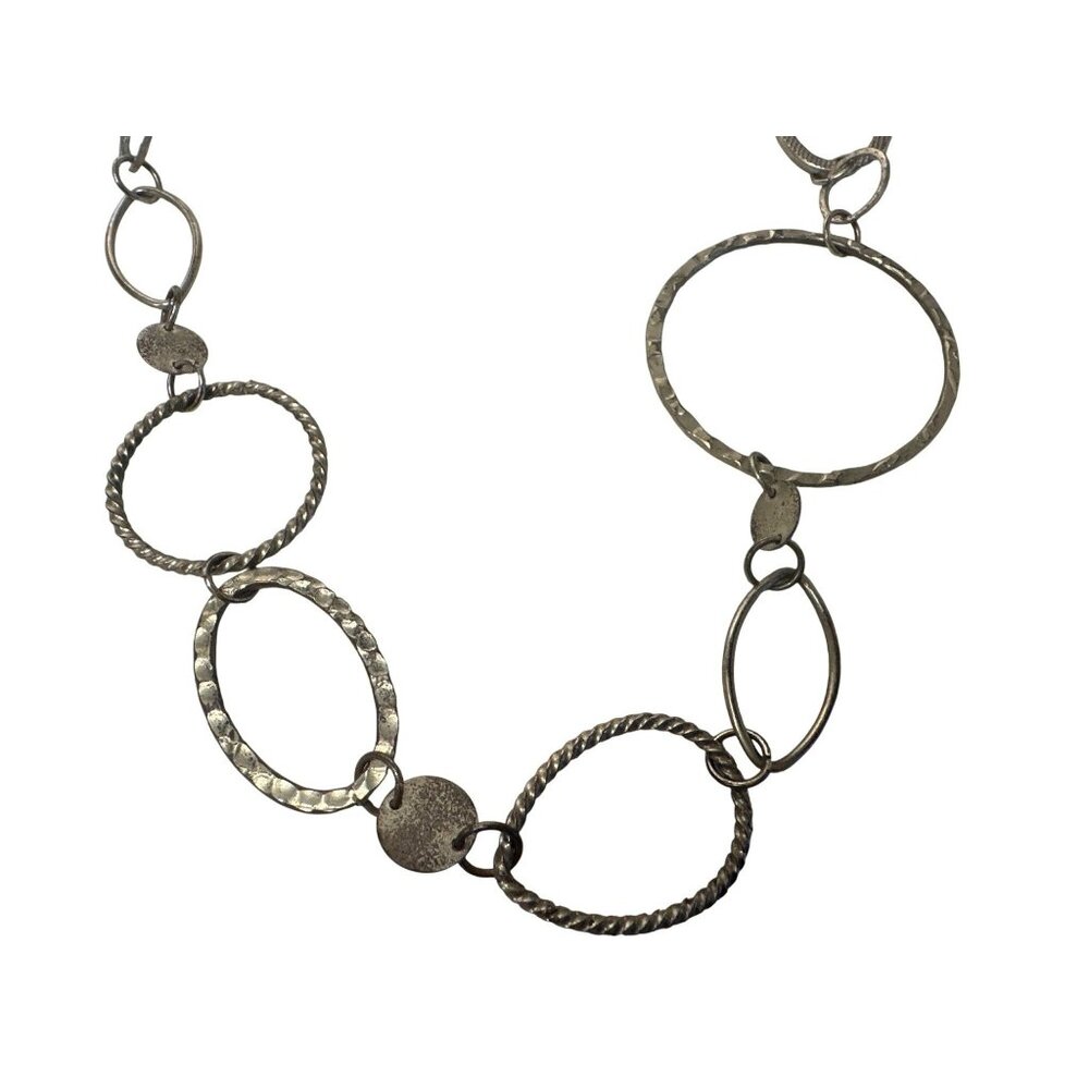 Hammered Silver-Tone Oval Link Chain Necklace 35-Inch Boho Long Circles